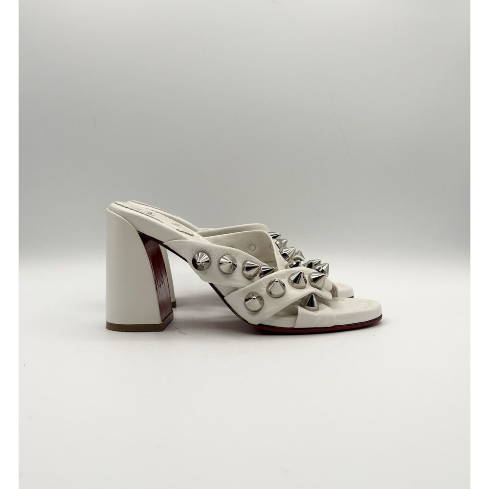 Christian Louboutin White Leather Spiked Spika Club Block Heel Sandal Size EU 36 - Picture 3 of 11